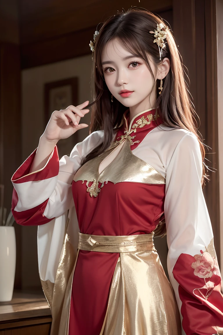 best quality, masterpiece, highres, (exquisite body:1.5),gorgeous face,(milky skin:1.3),intricate details,high resolution,wallpaper,
1girl, solo, dress, hair ornament, (((gold and red dress))), flowers, long hair, brown hair, closed mouth, jewelry, long sleeves, hand up, wide sleeves, big eyes,floating hair, chinese clothes, hanfu, embroidery, long skirt, natural pose, falling petals, indoor,fanning, lantern,
16K,HDR,highres,depth field,(film grain:1.1),boken,golden hour,(lens flare),vignette,rainbowing,(color grading:1.5)