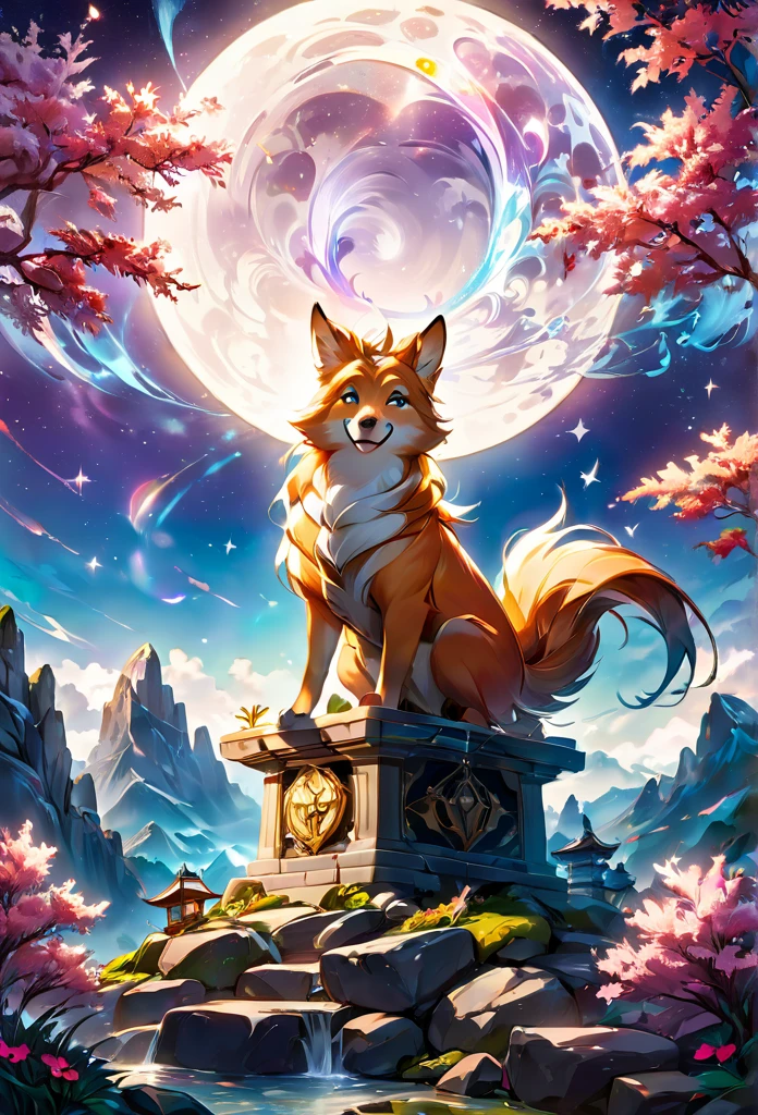 Magical Creatures, fox, magical fox, (fox with magical aura and white smoke), at the shrine, full moon in the background, (Masterpiece), (Best Quality), (Ultra high Detailes)