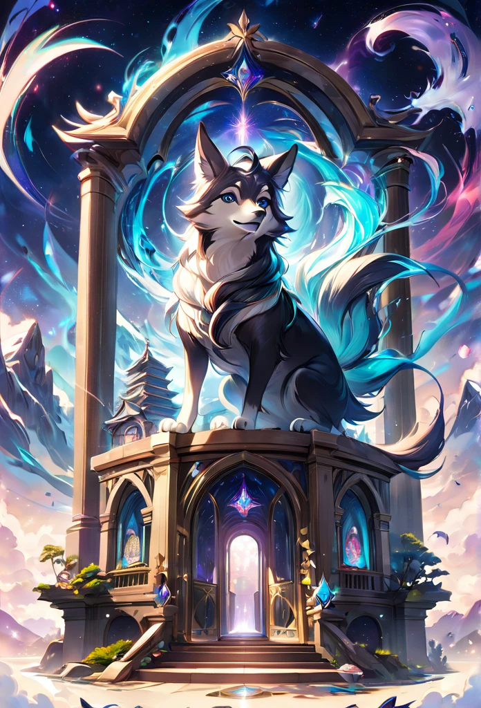 Magical Creatures, fox, magical fox, (fox with magical aura and white smoke), at the shrine, full moon in the background, (Masterpiece), (Best Quality), (Ultra high Detailes)