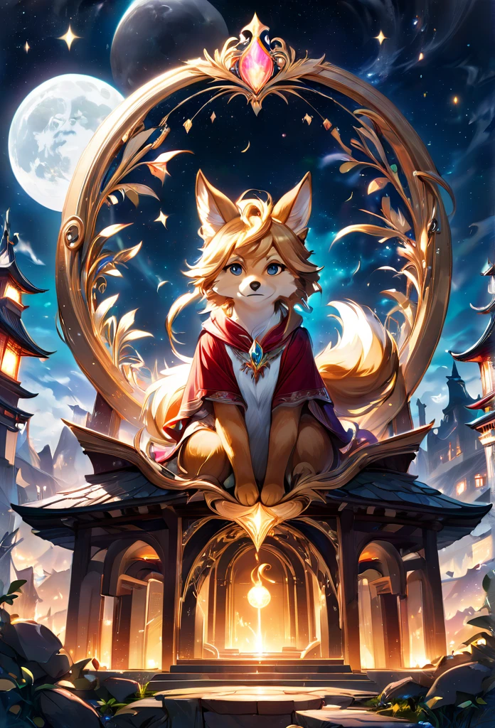 Magical Creatures, fox, magical fox, (fox with magical aura and white smoke), at the shrine, full moon in the background, (Masterpiece), (Best Quality), (Ultra high Detailes)