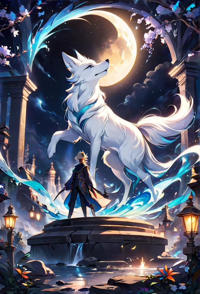 Magical Creatures, fox, magical fox, (fox with magical aura and white smoke), at the shrine, full moon in the background, (Masterpiece), (Best Quality), (Ultra high Detailes)