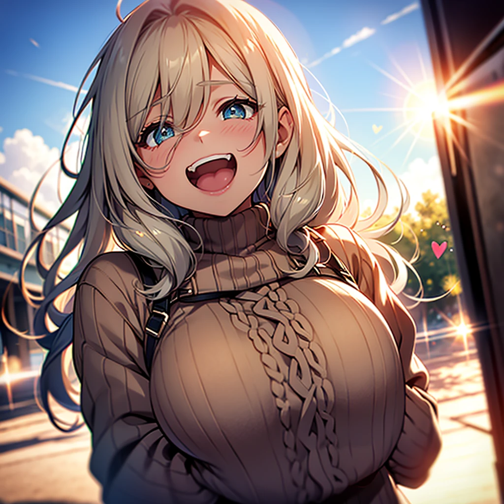 a girl, cosy sweater on, upper body, (huge Laughing:1.1), (open mouth:1.1), (wide open eyes:1.2), sun glare, bokeh, depth of field, blurry background, light particles, strong wind, (heart particles:1.1)