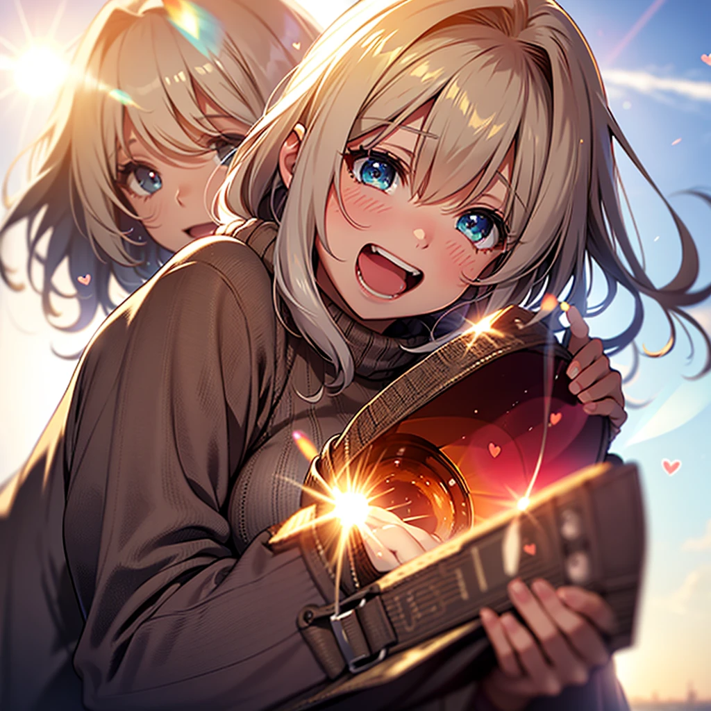 a girl, cosy sweater on, upper body, (huge Laughing:1.1), (open mouth:1.1), (wide open eyes:1.2), sun glare, bokeh, depth of field, blurry background, light particles, strong wind, (heart particles:1.1)