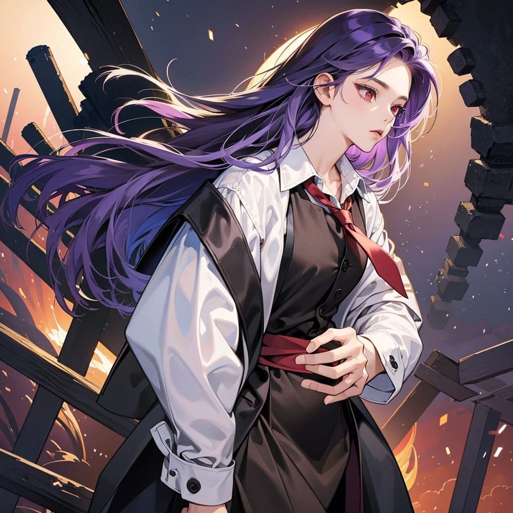 ((masterpiece)),((best quality)),((High Detail)),(8K)) ((Extremely detailed)) Cartoonist illustration, full-body shot,close up,A girl,Purple Hair,Waist-length hair,Red eyes,lol,自信的lol,Wearing a white shirt,Wear a black tie,Wear it over a black trench coat,Wear black pants,Wearing armband,Wear sunglasses