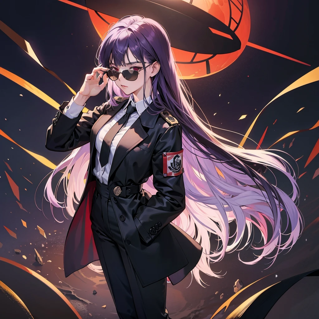 ((masterpiece)),((best quality)),((High Detail)),(8K)) ((Extremely detailed))  Cartoonist illustration, full-body shot，close up，A girl，Purple Hair，Waist-length hair，Red eyes，lol，自信的lol，Wearing a white shirt，Wear a black tie，Wear it over a black trench coat，Wear black pants，Wearing armband，Wear sunglasses