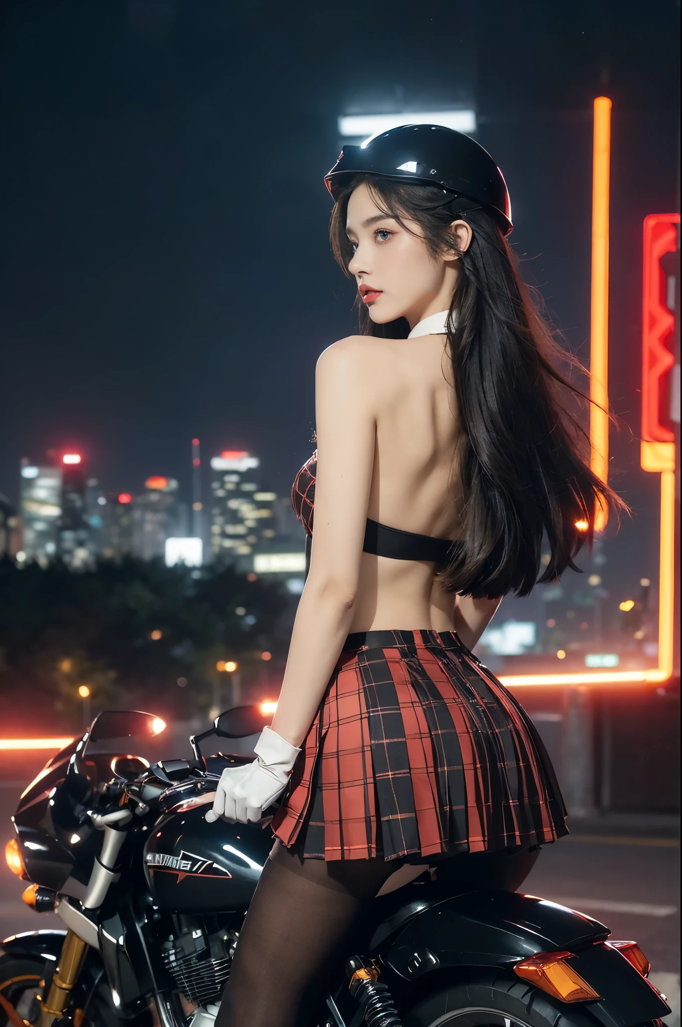 (((best quality))),(((ultra detailed))),(((masterpiece))),illustration,(1 beautiful girl,solo),((slim,thin)),((strapless,shoulder off,bare back,towering hips,butt crack)),(safety helmet:1.3),shoulder length straight bob hair,slender legs,cyberpunk, urban street,high school student, JK outfit,(riding on a motorcycle:1.3), sleek, (white collared short-sleeved shirt:1.3),(gloves:1.2),(red checkered pleated skirt:1.3),(pantyhose:1.3), stylish boots, confidence, determination, dark streets,neon lights, skyscrapers, urban noises, traffic, sirens, city sounds, futuristic, dystopian society, technology, fashion, explosive cocktail, style, , modernity, attitude, spirit, anything is possible,((from back,upper body))