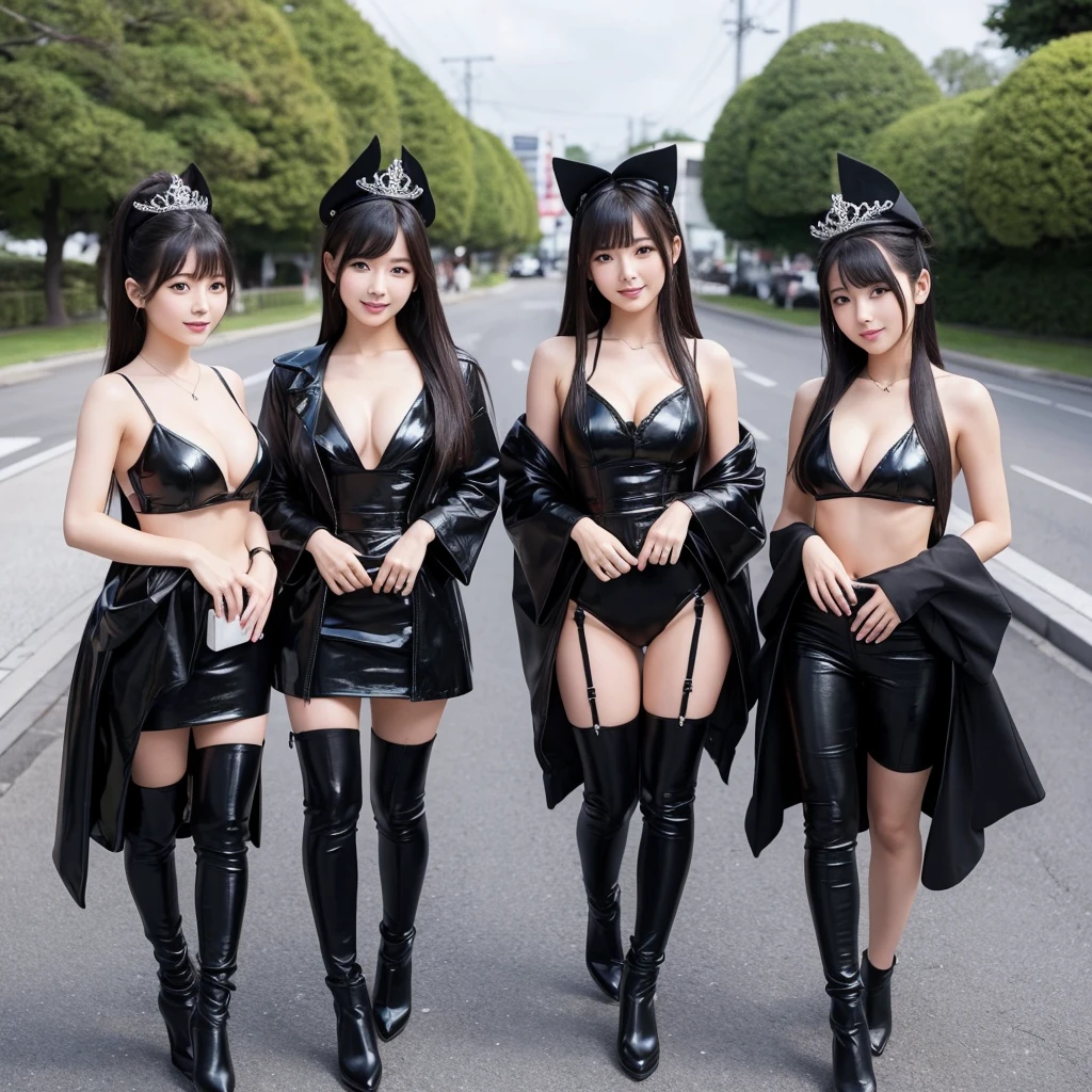 Three cute and beautiful Japanese girls in super sexy black outfits. The camera angle is a super zoom shot.