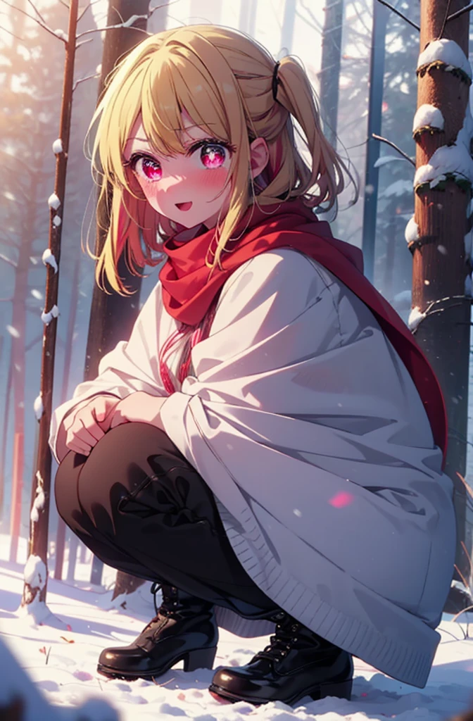 rubyhoshino, Hoshino Ruby, Long Hair, bangs, Blonde, (Pink Eyes:1.3), (Symbol-shaped pupil:1.5), Multicolored Hair, Two-tone hair, smile,blush,White Breath,
Open your mouth,snow,Ground bonfire, Outdoor, boots, snowing, From the side, wood, suitcase, Cape, Blurred, , forest, White handbag, nature,  Squat, Mouth closed, Cape, winter, Written boundary depth, Black shoes, red Cape break looking at viewer, Upper Body, whole body, break Outdoor, forest, nature, break (masterpiece:1.2), Highest quality, High resolution, unity 8k wallpaper, (shape:0.8), (Beautiful and beautiful eyes:1.6), Highly detailed face, Perfect lighting, Highly detailed CG, (Perfect hands, Perfect Anatomy),