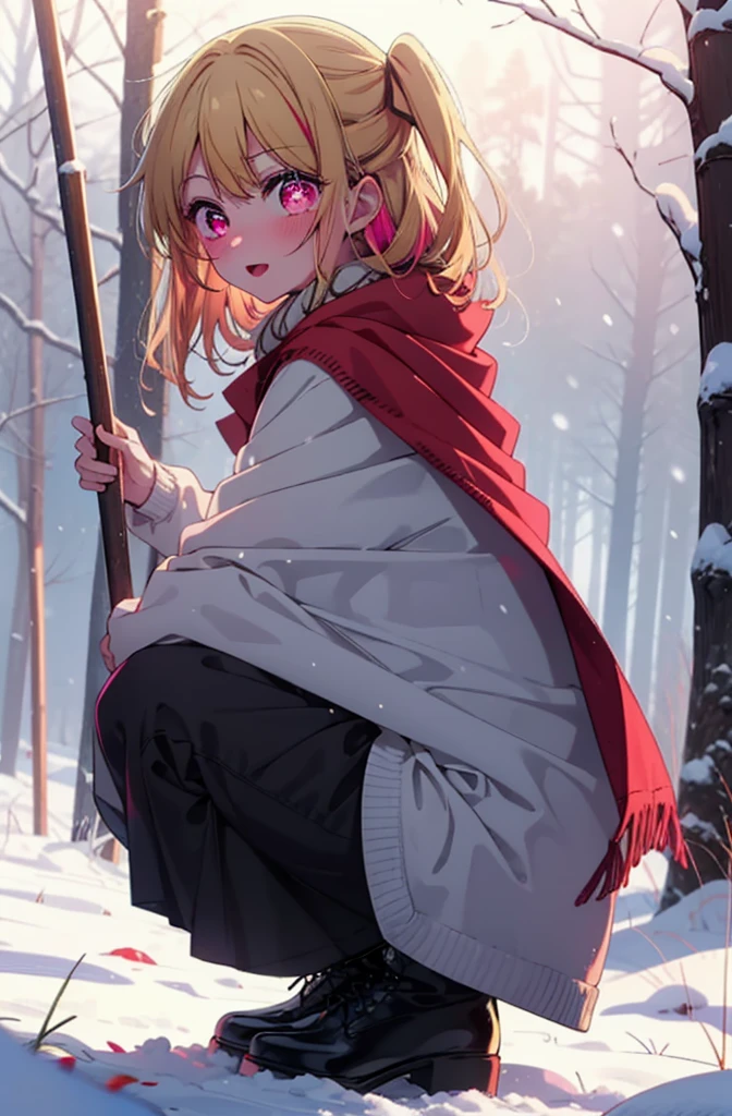 rubyhoshino, Hoshino Ruby, Long Hair, bangs, Blonde, (Pink Eyes:1.3), (Symbol-shaped pupil:1.5), Multicolored Hair, Two-tone hair, smile,blush,White Breath,
Open your mouth,snow,Ground bonfire, Outdoor, boots, snowing, From the side, wood, suitcase, Cape, Blurred, , forest, White handbag, nature,  Squat, Mouth closed, Cape, winter, Written boundary depth, Black shoes, red Cape break looking at viewer, Upper Body, whole body, break Outdoor, forest, nature, break (masterpiece:1.2), Highest quality, High resolution, unity 8k wallpaper, (shape:0.8), (Beautiful and beautiful eyes:1.6), Highly detailed face, Perfect lighting, Highly detailed CG, (Perfect hands, Perfect Anatomy),