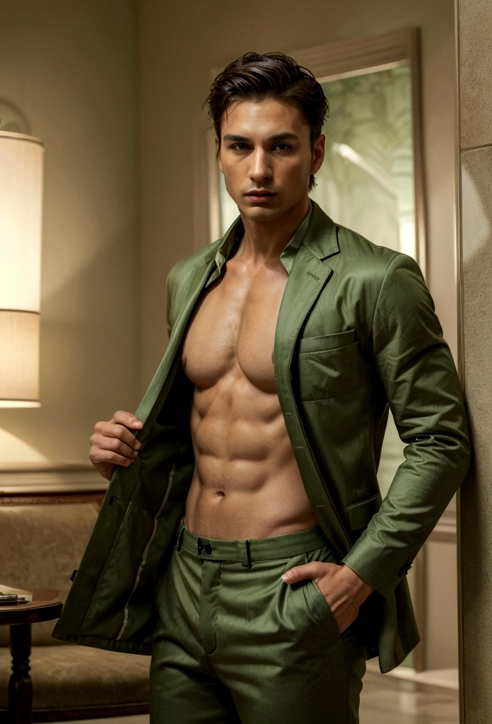 30-year-old boys, with a masculine appearance, wearing a Green Safari suit. The scene depicts a masterpiece of art, showcasing the boy's professional and wealthy lifestyle. The image is of the best quality, with ultra-detailed features. The color tone is rich and vibrant, masterpiece, ultra-realistic, detailed face,
