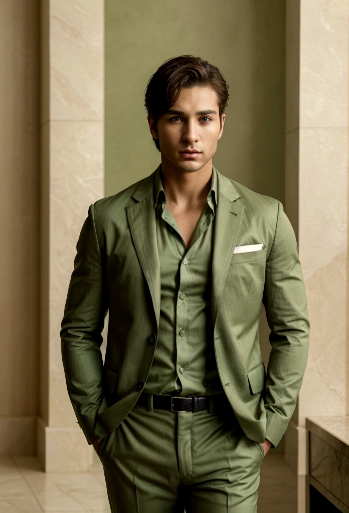 30-year-old boys, with a masculine appearance, wearing a Green Safari suit. The scene depicts a masterpiece of art, showcasing the boy's professional and wealthy lifestyle. The image is of the best quality, with ultra-detailed features. The color tone is rich and vibrant, masterpiece, ultra-realistic, detailed face,
