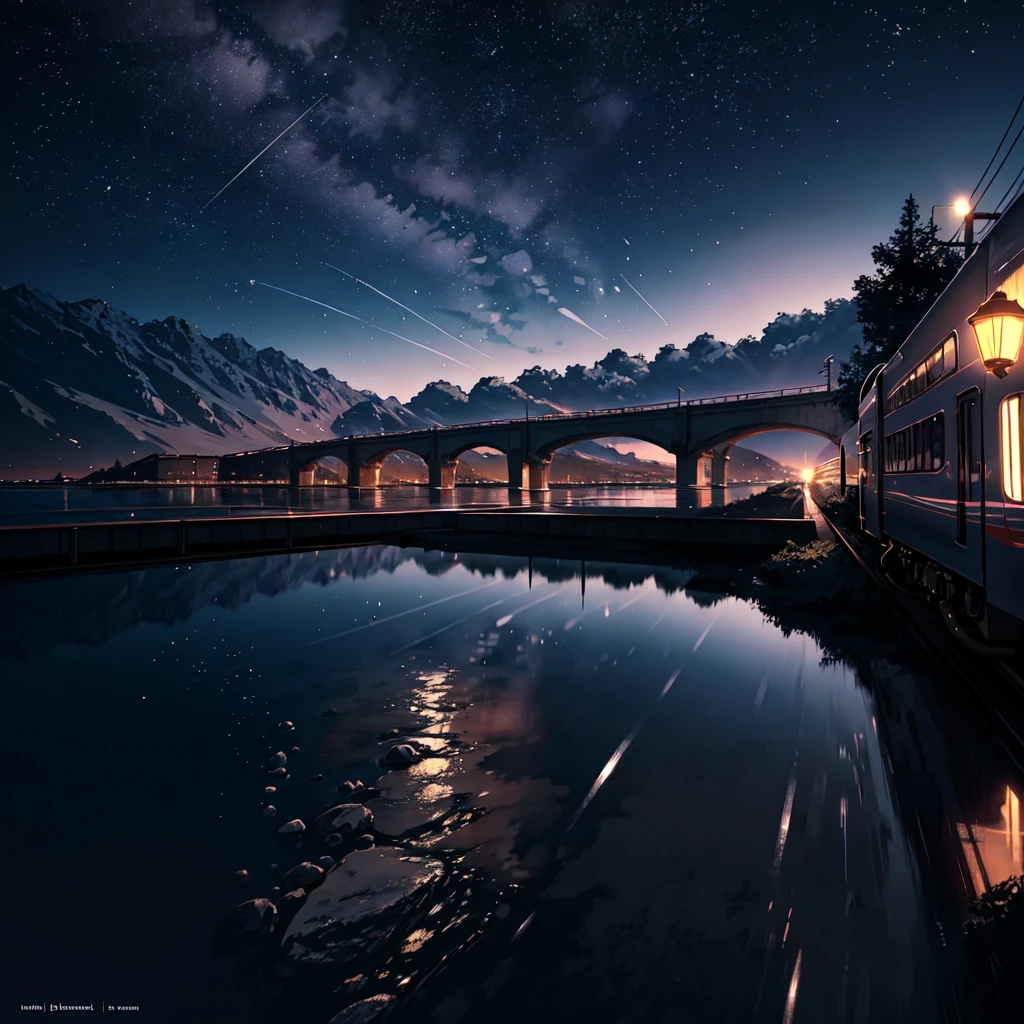 Masterpiece, anime train passing through bodies of water on tracks, bright starry sky. Romantic train, Makoto Shinkai's picture, pixiv, concept art, lofi art style, reflection. by Makoto Shinkai, lofi art, with text in center say "Hilsng akal" and tagline under word "intelesense", Anime landscape, detailed scenery —width 672, in style of Makoto shinkai, style of Makoto shinkai, enhanced details.