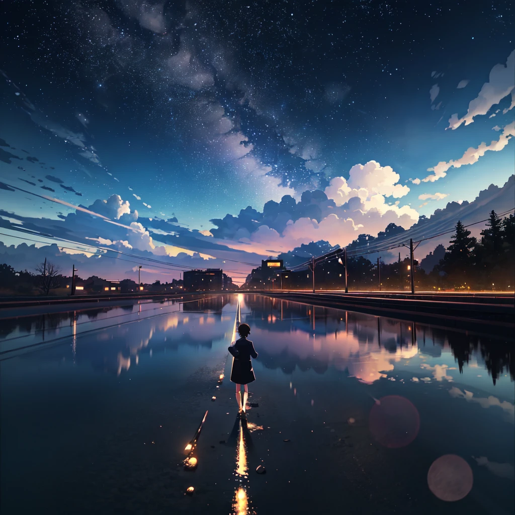 Masterpiece, anime train passing through bodies of water on tracks, bright starry sky. Romantic train, Makoto Shinkai's picture, pixiv, concept art, lofi art style, reflection. by Makoto Shinkai, lofi art, with text in center say "Hilsng akal" and tagline under word "intelesense", Anime landscape, detailed scenery —width 672, in style of Makoto shinkai, style of Makoto shinkai, enhanced details.