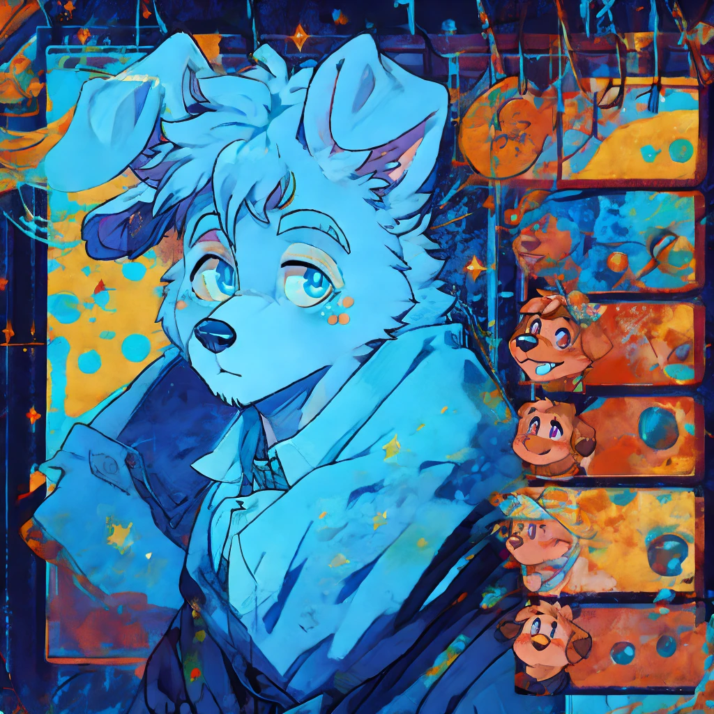 Furry, cute, dog with blue splashs and dots on him, hot, looking at viewer, ref sheet,