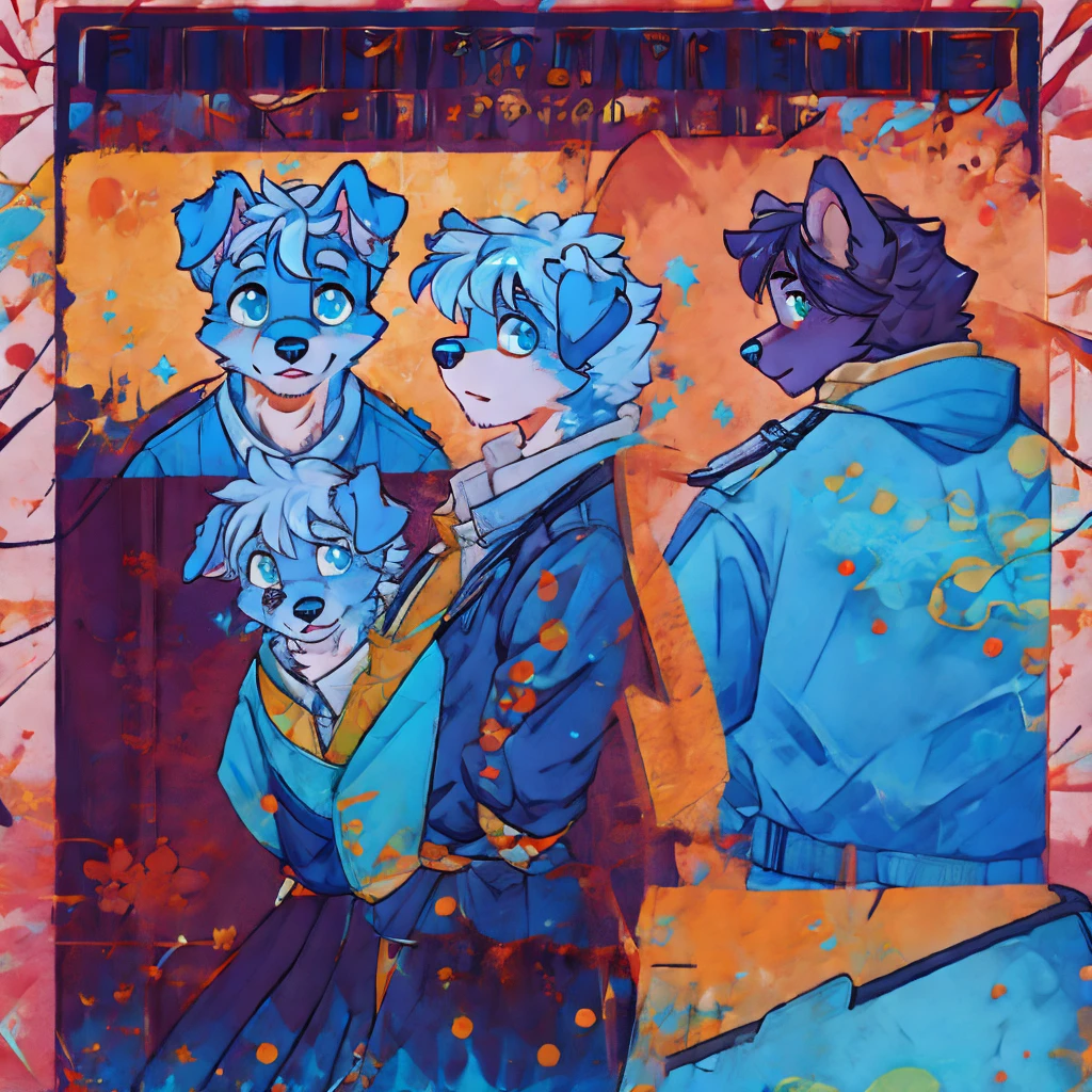 Furry, cute, dog with blue splashs and dots on him, hot, looking at viewer, ref sheet,