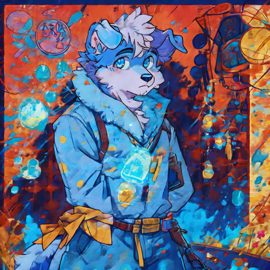 Furry, cute, dog with blue splashs and dots on him, hot, looking at viewer, ref sheet,