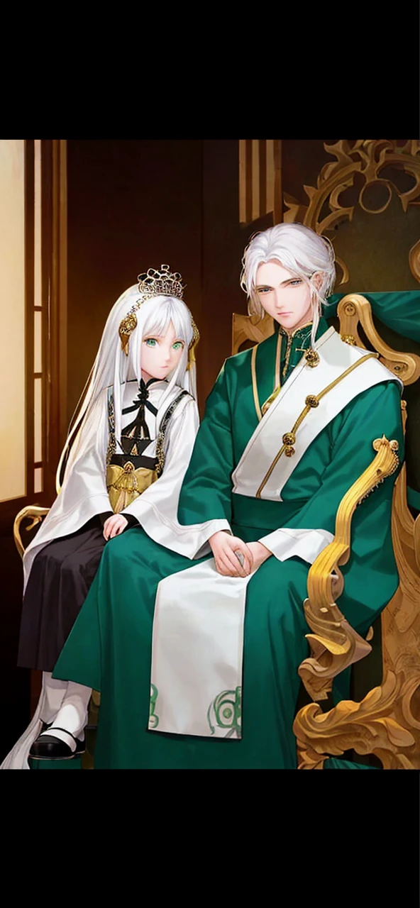 Sitting in the center chair、There was a young, handsome king, about 18 years old, with white hair and jade green eyes.、There was a white-haired girl of about standing next to the chair, touching the king's cheek.。