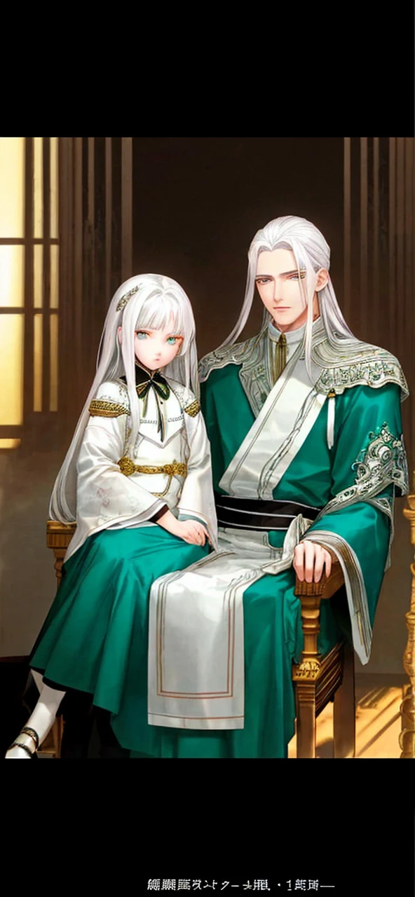 Sitting in the center chair、The king was a handsome man of about 18 years old with white hair and jade green eyes.、A white-haired girl of about 5 years old is standing next to the chair and touching his cheek.。