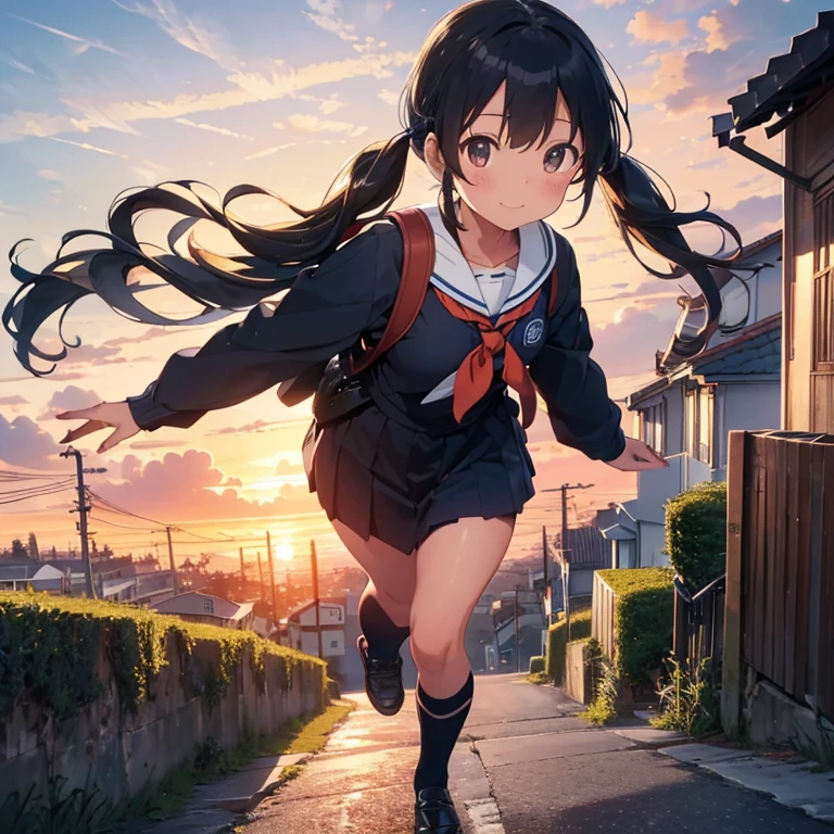 best quality, detailed, masterpiece, 1 girl, standing, gentle smile, yo, (low twintails:1.4), low pigtails, black hair, long hair, (navy blue sailor suit with blue ribbon:1.2), long sleeves, (dark brown eyes), (school bag), from the front, from little above, POV, alone, (downhill:1.7), long hill straight road to the back, electric pole, electric cable, hill town, housing, cityscape, sea on the back in the distance, nice view, evening, orange sky, animation