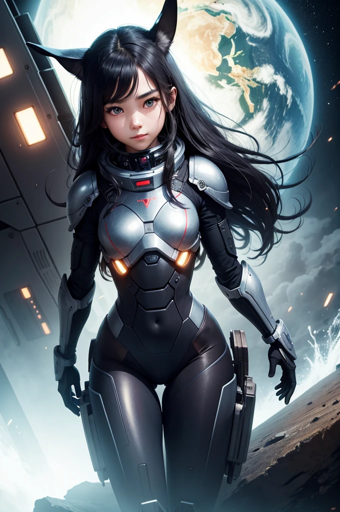 Perfect human body modeling, 1 girl, cute girl, pretty face, bitter smile, 12 years old, Beautiful black long hair, beautiful eyes, flat chest, small build, No muscles, white skin, Rabbit ears in robot style, powered armor, full armor, powered leg, metroid armor, Space suits, planetary exploration