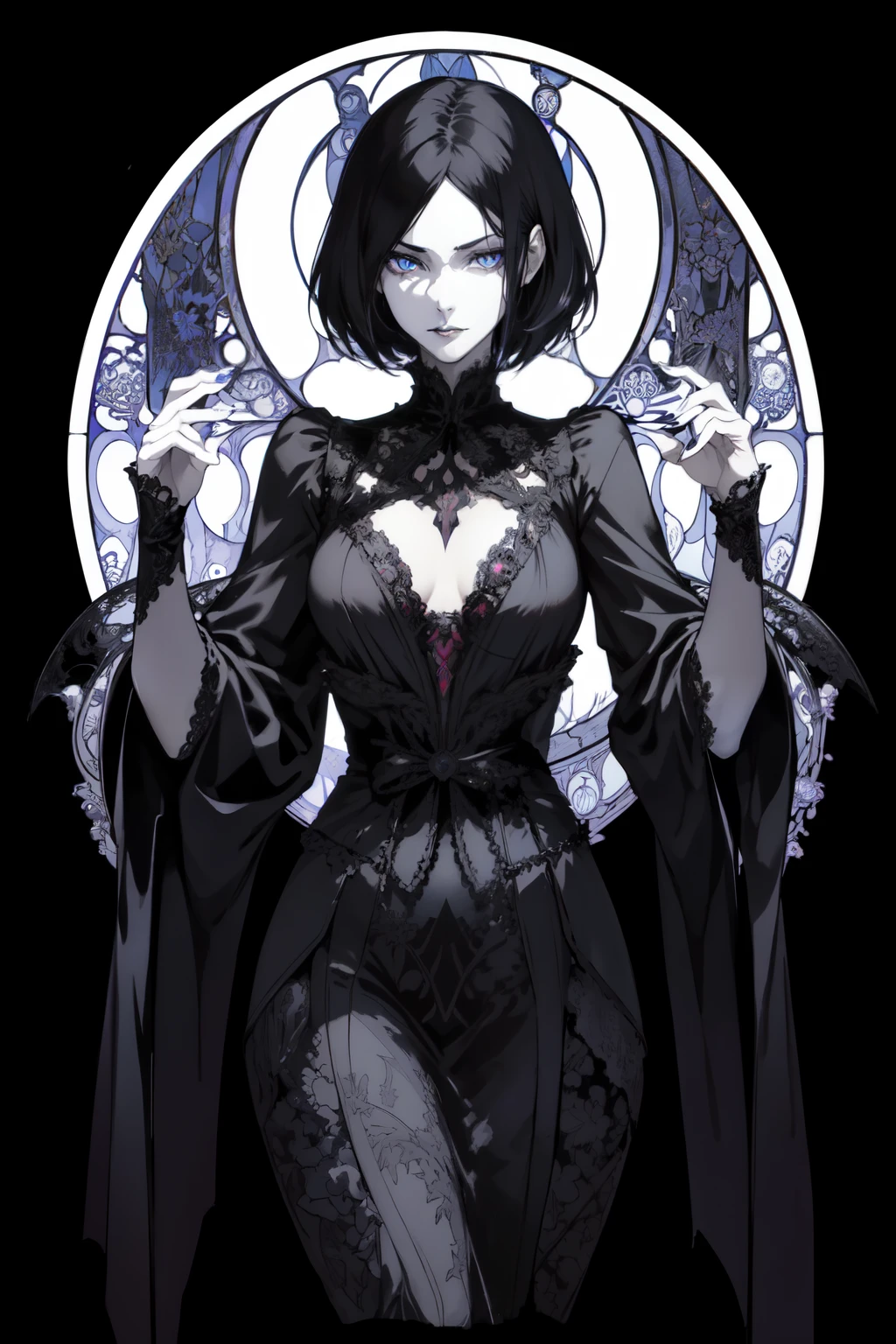 Basic Art Nouveau style，Black hair blue eyes vampire woman，short hair，（upper body portrait），young，(((oval face)))，dark clothes，Soft and melancholy face，Exquisite，No wrinkles，gothic style，A mix of synthwave and art nouveau，Bold and smooth lines，Dynamic composition of organic Art Nouveau patterns，Intricate roses and patterns intertwined with geometric shapes，Characters that embody vampireysterious gothic atmosphere，Feminine but calm expression，Art Nouveau patterned robe，Digital grid landscape featuring natural forms，Neon-like outline effect reminiscent of stained glass，White background，high contrast，Easy to color，Visual clarity，French Art Nouveau，80s vaporwave art style。Maximum detail，