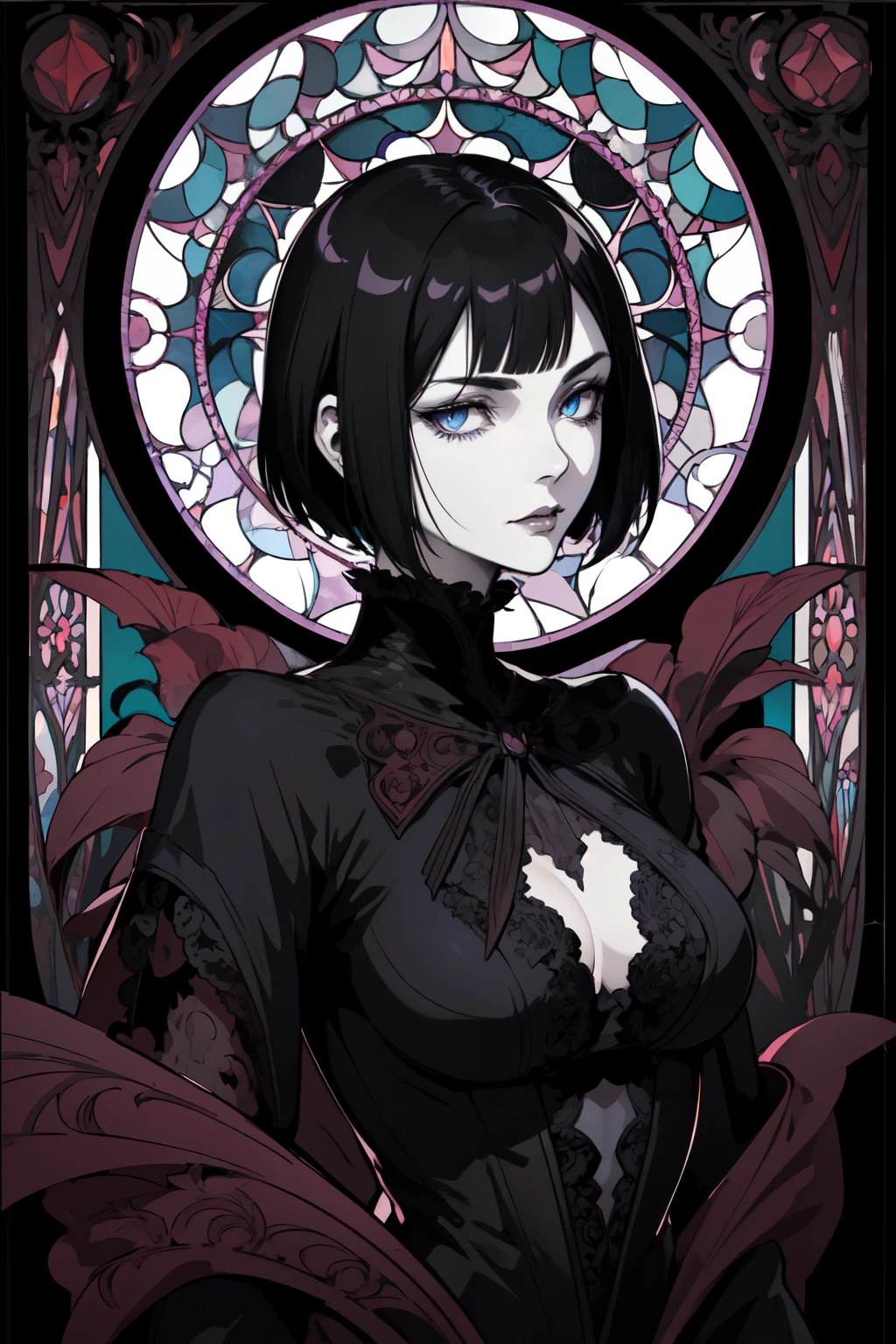 Basic Art Nouveau style，Black hair blue eyes vampire woman，short hair，（upper body portrait），young，(((oval face)))，dark clothes，Soft and melancholy face，Exquisite，No wrinkles，gothic style，A mix of synthwave and art nouveau，Bold and smooth lines，Dynamic composition of organic Art Nouveau patterns，Intricate roses and patterns intertwined with geometric shapes，Characters that embody vampireysterious gothic atmosphere，Feminine but calm expression，Art Nouveau patterned robe，Digital grid landscape featuring natural forms，Neon-like outline effect reminiscent of stained glass，White background，high contrast，Easy to color，Visual clarity，French Art Nouveau，80s vaporwave art style。Maximum detail，