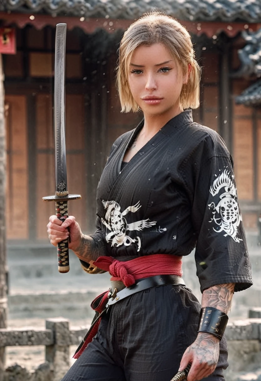 full body image, Young Laurence Bedard, female, ************, blond short hair,cute face, in samurai armor and a samurai sword in her hand, fighting pose, against the backdrop of medieval Japan, 8k rendering,High contrast,realism, 