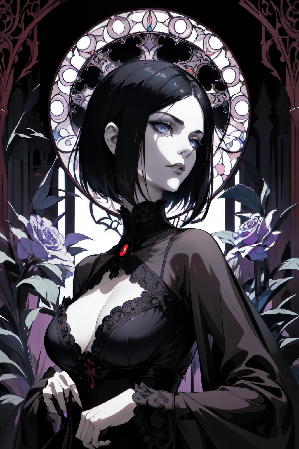 Basic Art Nouveau style，Black hair blue eyes vampire woman，short hair，（upper body portrait），young，(((oval face)))，dark clothes，Soft and melancholy face，Exquisite，No wrinkles，gothic style，A mix of synthwave and art nouveau，Bold and smooth lines，Dynamic composition of organic Art Nouveau patterns，Intricate roses and patterns intertwined with geometric shapes，Characters that embody vampireysterious gothic atmosphere，Feminine but calm expression，Art Nouveau patterned robe，Digital grid landscape featuring natural forms，Neon-like outline effect reminiscent of stained glass，White background，high contrast，Easy to color，Visual clarity，French Art Nouveau，80s vaporwave art style。Maximum detail，