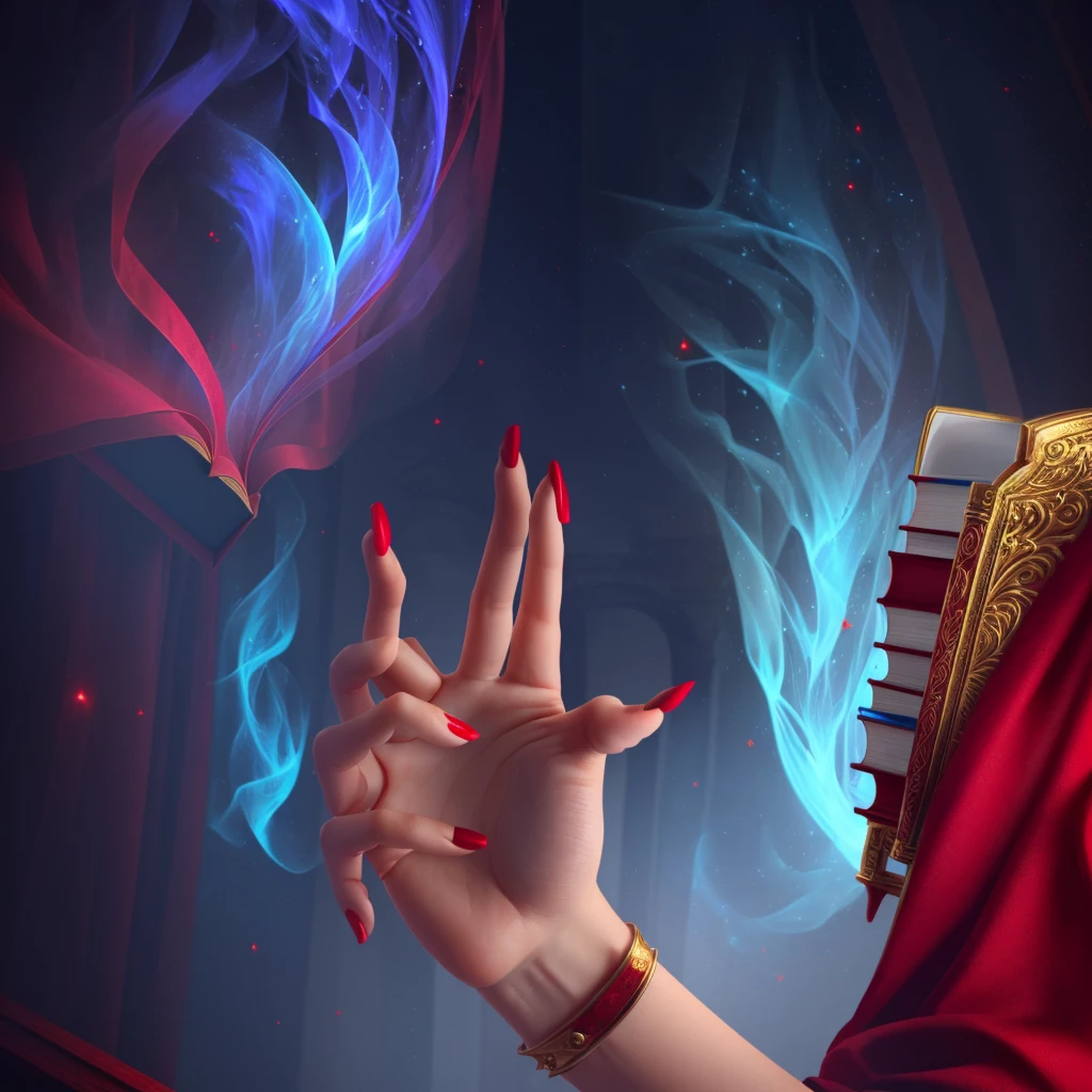 A woman's hand,Red painted nails,Holding a magic book,Game CG,8K