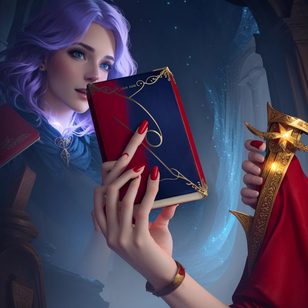 A woman's hand，Red painted nails，Holding a magic book，Game CG，8K