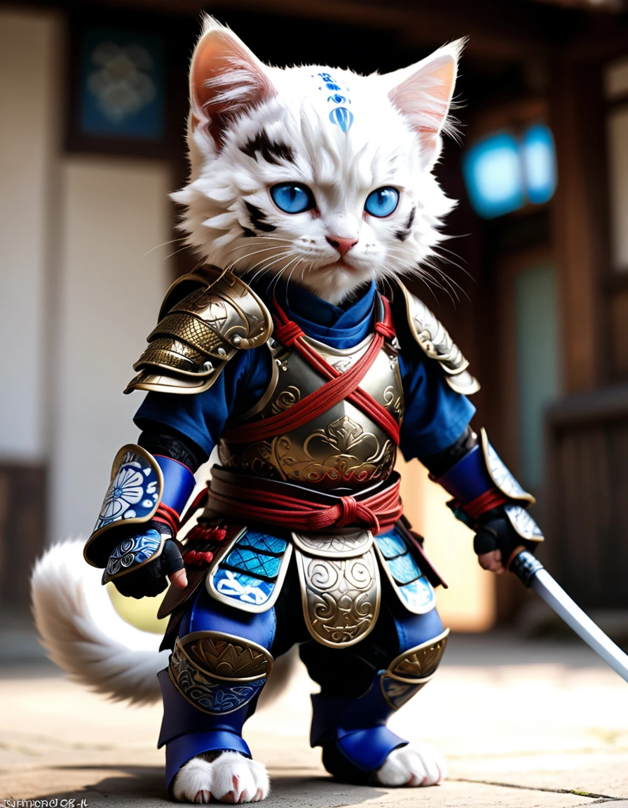 Blue female archer , anime , with pet cat