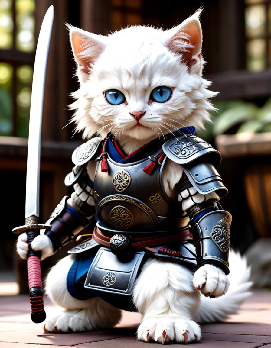 A highly detailed, photorealistic image of a young pure white-furred kitten with blue eyes wearing traditional samurai armor, including a kabuto (helmet), menpo (face mask), and a do (chest armor), along with greaves and suneate (shin guards). The armor is in rich colors with intricate patterns. The kitten has a determined expression and is holding a single katana in a ready stance. The background is plain and simple, focusing solely on the kitten without any complex details or framing. Realistic depiction, dynamic pose, dramatic lighting, ultra-realistic, photo-like quality. --ar 4:5 --res 8k