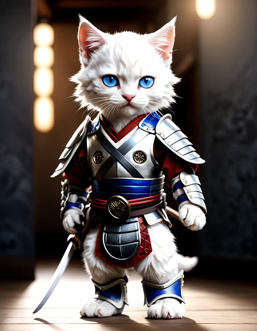 A highly detailed, photorealistic image of a young pure white-furred kitten with blue eyes wearing traditional samurai armor, including a kabuto (helmet), menpo (face mask), and a do (chest armor), along with greaves and suneate (shin guards). The armor is in rich colors with intricate patterns. The kitten has a determined expression and is holding a single katana in a ready stance. The background is plain and simple, focusing solely on the kitten without any complex details or framing. Realistic depiction, dynamic pose, dramatic lighting, ultra-realistic, photo-like quality. --ar 4:5 --res 8k