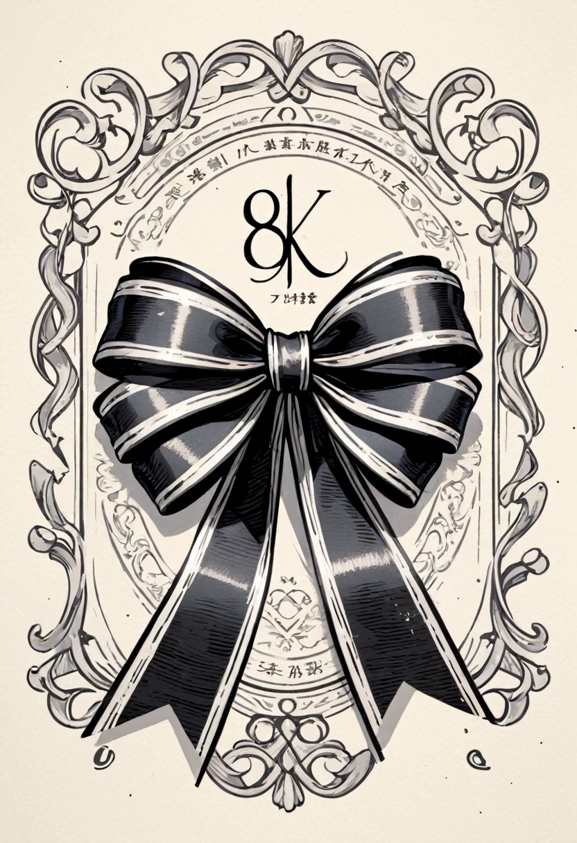 masterpiece、super beautiful、8K、Asymmetric、Long wavy ribbon、flat、An illustration of a ribbon tied in a bowknot, drawn with worn lines in the style of medieval black and white letterpress printing.