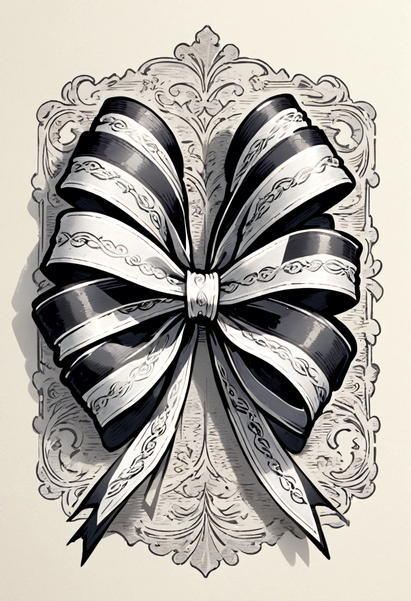 masterpiece、super beautiful、8K、Asymmetric、Long wavy ribbon、flat、An illustration of a ribbon tied in a bowknot, drawn with worn lines in the style of medieval black and white letterpress printing.