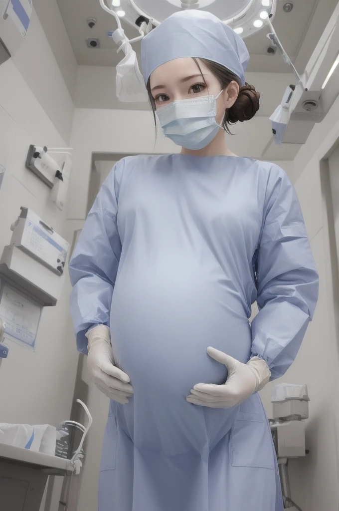 score_9, score_8_up, score_7_up, masterpiece, highest quality, kasuganoray, pale skin, long hair, shy eyes, big breasts, surgical mask, surgical cap, long sleeve maternity dress, seamless,
1 girl, pregnant, solo, rubber gloves, frown, standing, in one hospital, hospital bed,