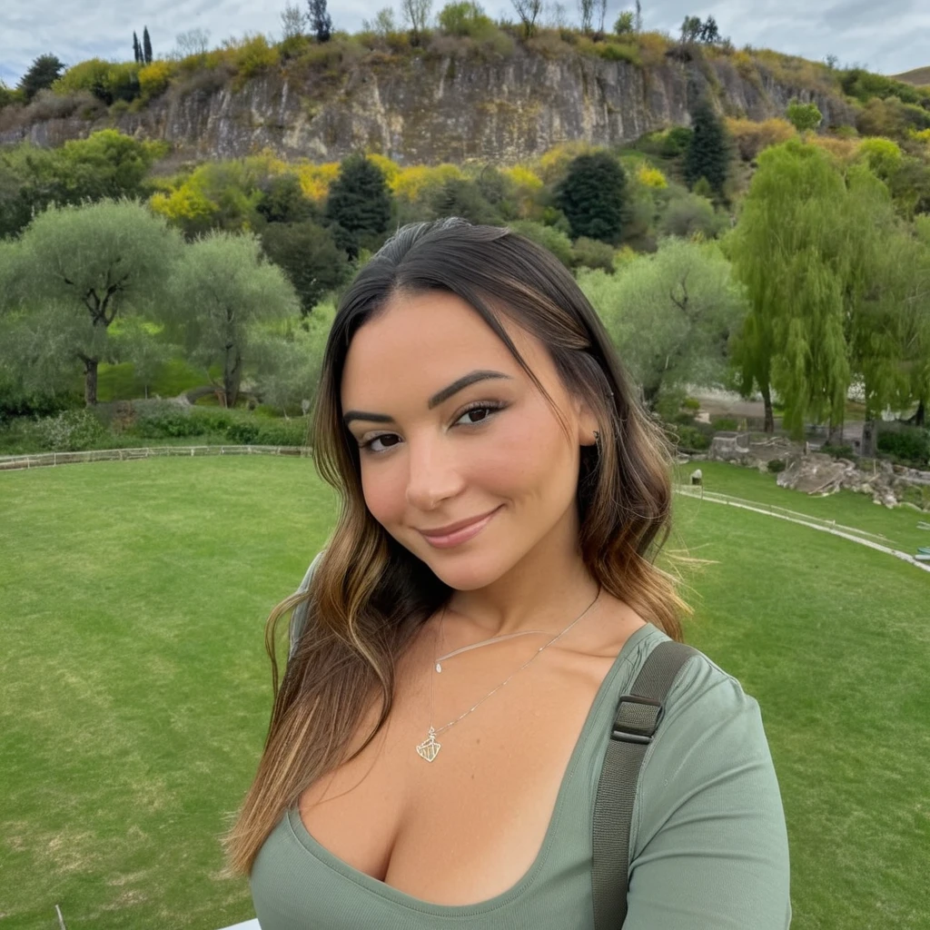 (front facing camera),(Skin Texture, pores, natural,iPhone,RAW)), bright sunny lighting, Portrait Photo of a smilling woman wearing with side-swept hair wearing a ((tight)) elastic full sleeve top and suspenders,looking straight at the camera, Nikon Z9, realistic matte skin,blurry landscape with green trees and grassy hils in the background,