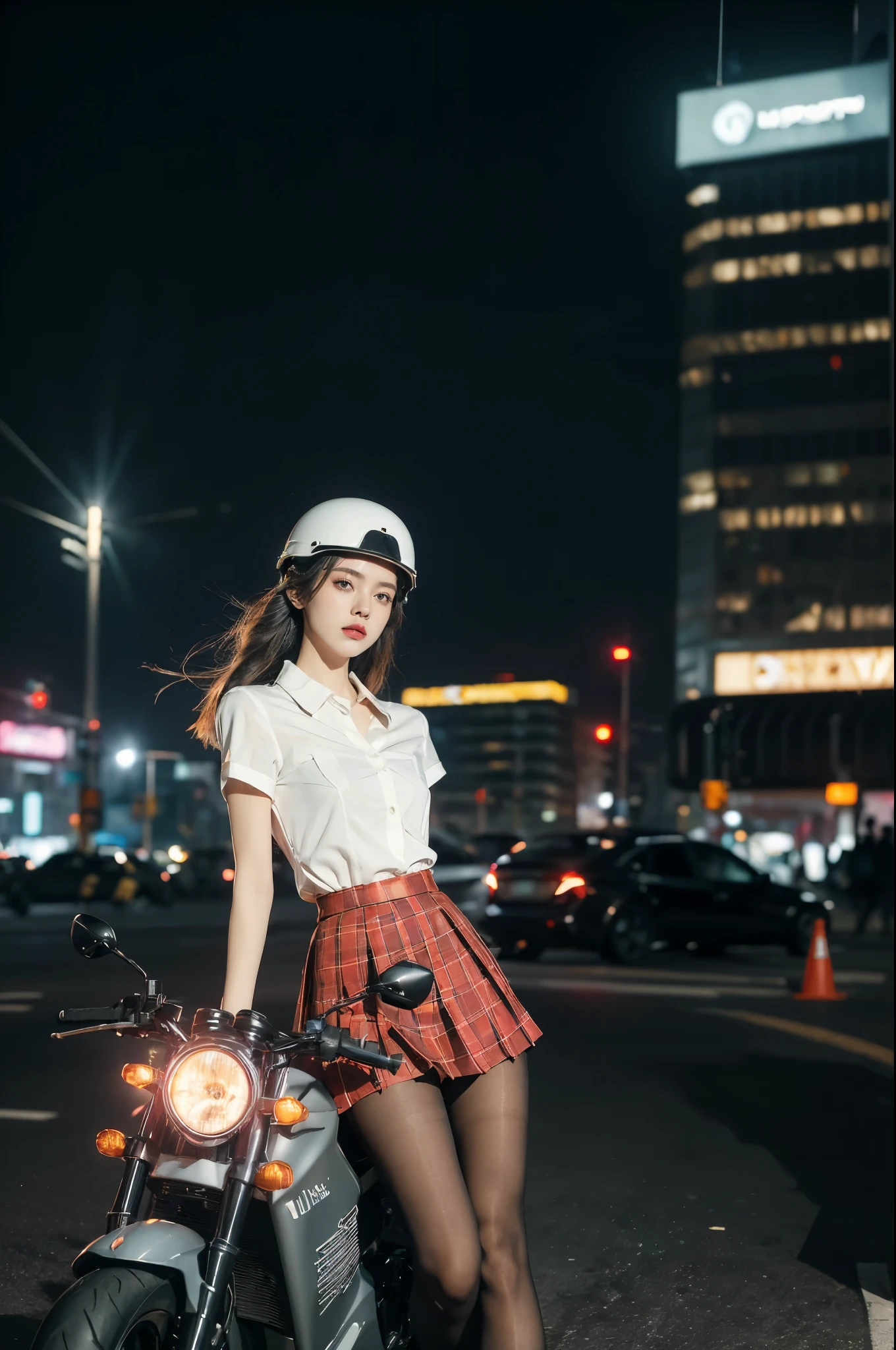 (((best quality))),(((ultra detailed))),(((masterpiece))),illustration,(1 beautiful girl,solo),((slim,thin)),((small breasts,flat chest)),(safety helmet:1.3),shoulder length straight bob hair,slender legs,cyberpunk, urban street,high school student, JK outfit,(riding on a motorcycle:1.3), sleek, (white collared short-sleeved shirt:1.3),(gloves:1.2),(red checkered pleated skirt:1.3),(pantyhose:1.3), stylish boots, confidence, determination, dark streets,neon lights, skyscrapers, urban noises, traffic, sirens, city sounds, futuristic, dystopian society, technology, fashion, explosive cocktail, style, , modernity, attitude, spirit, anything is possible,from front