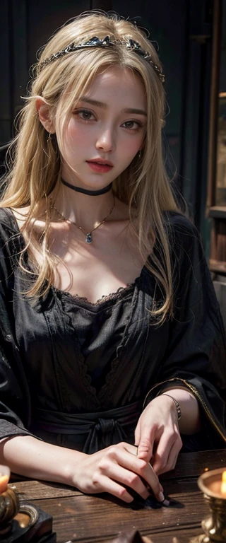 ((masterpiece, highest quality, Best image quality, High resolution, Realistic, RAW Photos, 8k)), Tarot Cards, Tolkien, middle earth, (masterpiece:1.2), (highest quality,:1.2), 8k, Very detailed, Surreal, Cinema Lighting, Ambient Lighting, Bridget, As a fortune teller, length, disheveled blonde hair, earring, choker, necklace, jewelry, ring, Dark lipstick, Heavy makeup, Circlet, Sit in the back! table, One! tableの上の占いの球, One! tableの上の頭蓋骨, Candles, In a small dark medieval room, View your viewers,