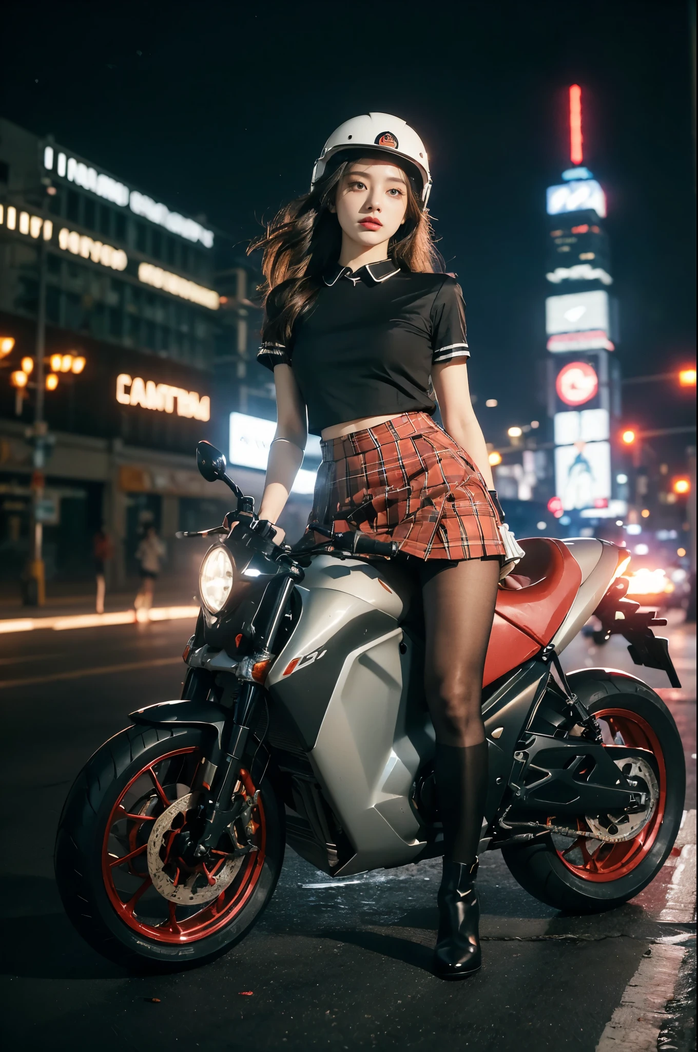 (((best quality))),(((ultra detailed))),(((masterpiece))),illustration,(1 beautiful girl,solo),((slim,thin)),((small breasts,flat chest)),(safety helmet:1.3),shoulder length straight bob hair,slender legs,cyberpunk, urban street,high school student, JK outfit,(riding on a motorcycle:1.3), sleek, (white collared short-sleeved shirt:1.3),(gloves:1.2),(red checkered pleated skirt:1.3),(pantyhose:1.3), stylish boots, confidence, determination, dark streets,neon lights, skyscrapers, urban noises, traffic, sirens, city sounds, futuristic, dystopian society, technology, fashion, explosive cocktail, style, , modernity, attitude, spirit, anything is possible,from front