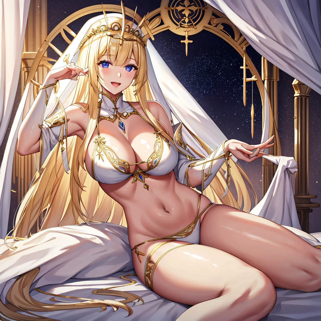 A priestess wearing a white bikini,Valkyrie、Beautiful long legs、Thick thighaternal、Body Length、chief、Sitting on the bed、Wearing a golden tiara、Angel Wings,belly button,simple,Particles of light,Thighs,Shiny skin,Big Mouth、Perfect lighting, One adult woman, Open Mouth Smile、（Highest quality), maternal, Fair, porcelain-like skin、Big,光沢のあるsimple青い瞳、Very long honey blonde straight hair
