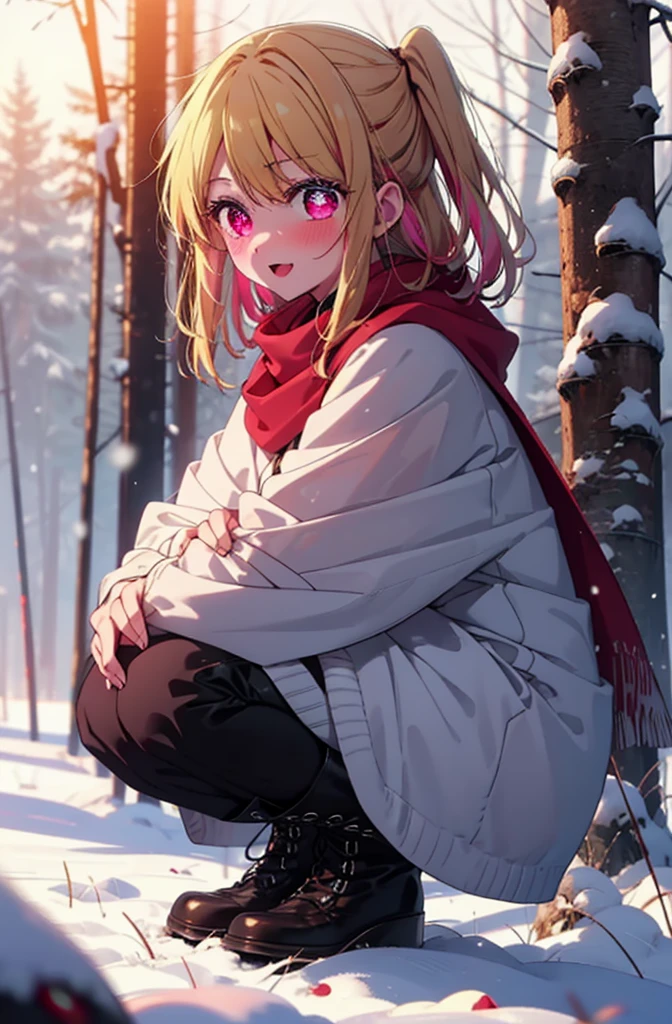 rubyhoshino, Hoshino Ruby, Long Hair, bangs, Blonde, (Pink Eyes:1.3), (Symbol-shaped pupil:1.5), Multicolored Hair, Two-tone hair, smile,blush,White Breath,
Open your mouth,snow,Ground bonfire, Outdoor, boots, snowing, From the side, wood, suitcase, Cape, Blurred, , forest, White handbag, nature, Squat, Mouth closed, Cape, winter, Written boundary depth, Black shoes, red Cape break looking at viewer, Upper Body, whole body, break Outdoor, forest, nature, break (masterpiece:1.2), Highest quality, High resolution, unity 8k wallpaper, (shape:0.8), (Beautiful and beautiful eyes:1.6), Highly detailed face, Perfect lighting, Highly detailed CG, (Perfect hands, Perfect Anatomy),