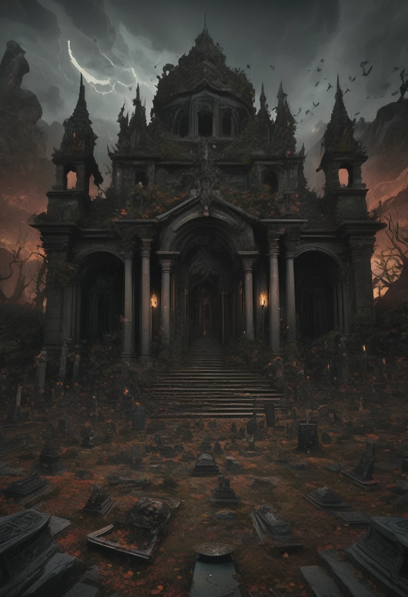 A death metal artwork/ a dead hand merging from cemetary ground/ dozen of old sepultures in the background/ gloomy light from above/""detailed matte painting, deep color, fantastical, intricate detail, splash screen, complementary colors, fantasy concept art, 8k resolution trending on Artstation Unreal Engine 5