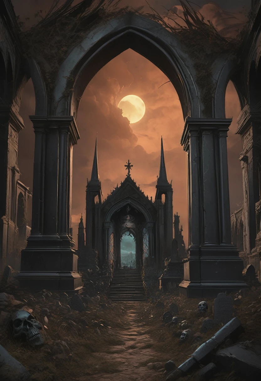 A death metal artwork/ a dead hand merging from cemetary ground/ dozen of old sepultures in the background/ gloomy light from above/""detailed matte painting, deep color, fantastical, intricate detail, splash screen, complementary colors, fantasy concept art, 8k resolution trending on Artstation Unreal Engine 5