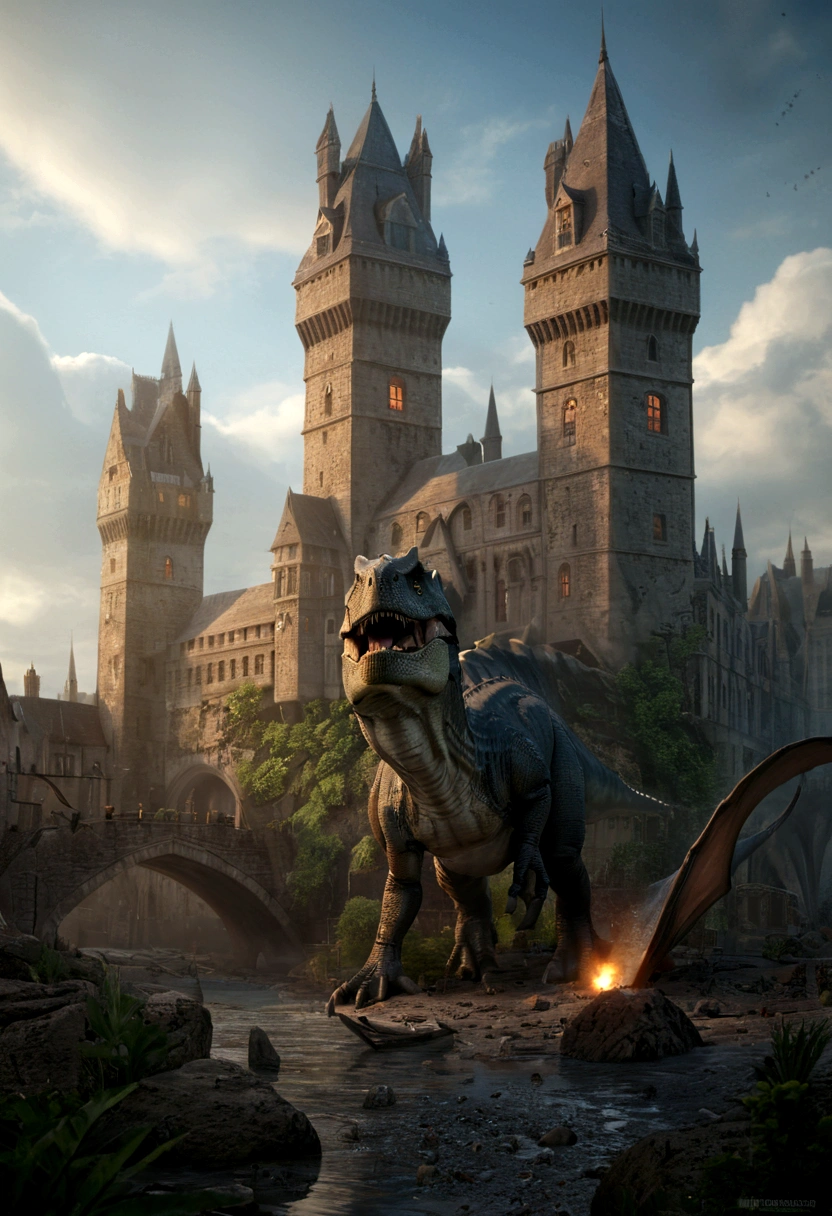detailed dinosaur horde, castle hogwarts, (best quality,4k,8k,highres,masterpiece:1.2),ultra-detailed,(realistic,photorealistic,photo-realistic:1.37),cinematic lighting,dramatic angles,epic scale,intricate architecture,glowing magic effects,vivid colors,dramatic clouds,lush vegetation,photorealistic textures