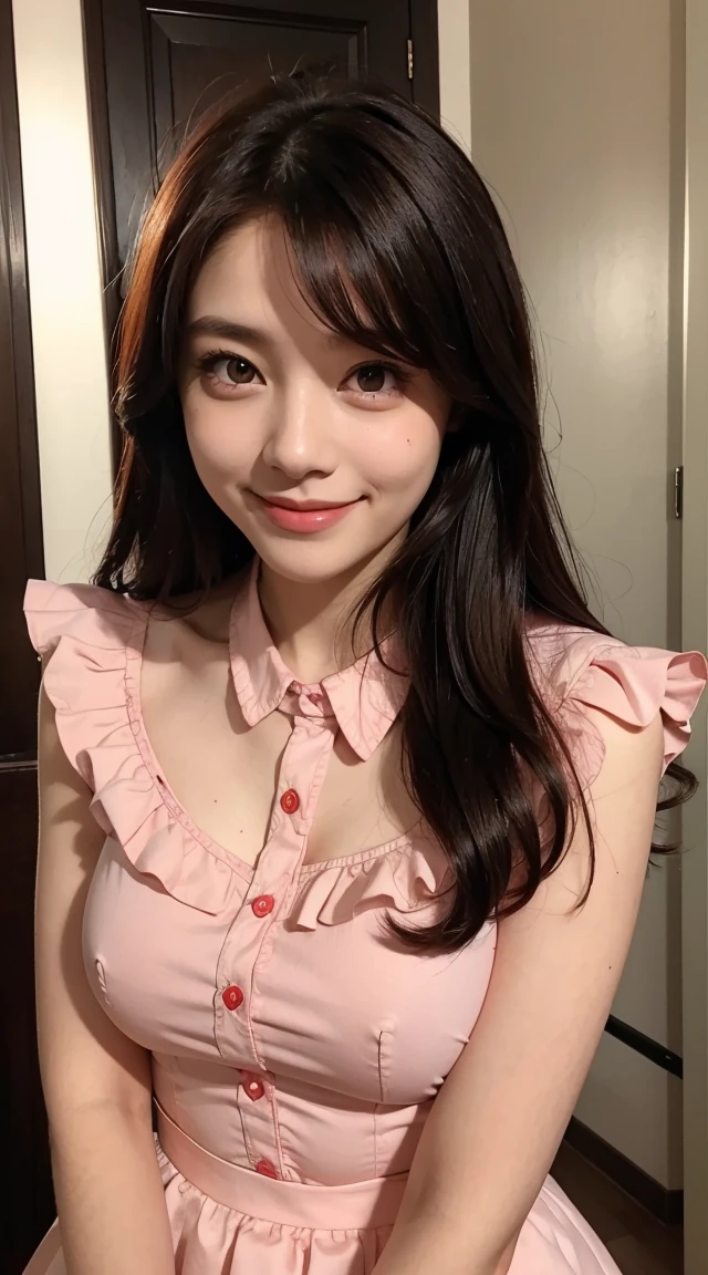 nude、Highest quality, masterpiece, Black Hair, Red eyes, look up, Upper Body, cute, Frilled shirt, smile,Redhead
