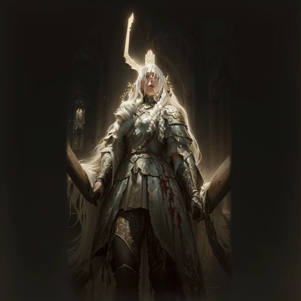these two characters in picture, make them lying defeated in pool of their own blood, highest detail, Radahn consort of Miquella, Elden ring characters,