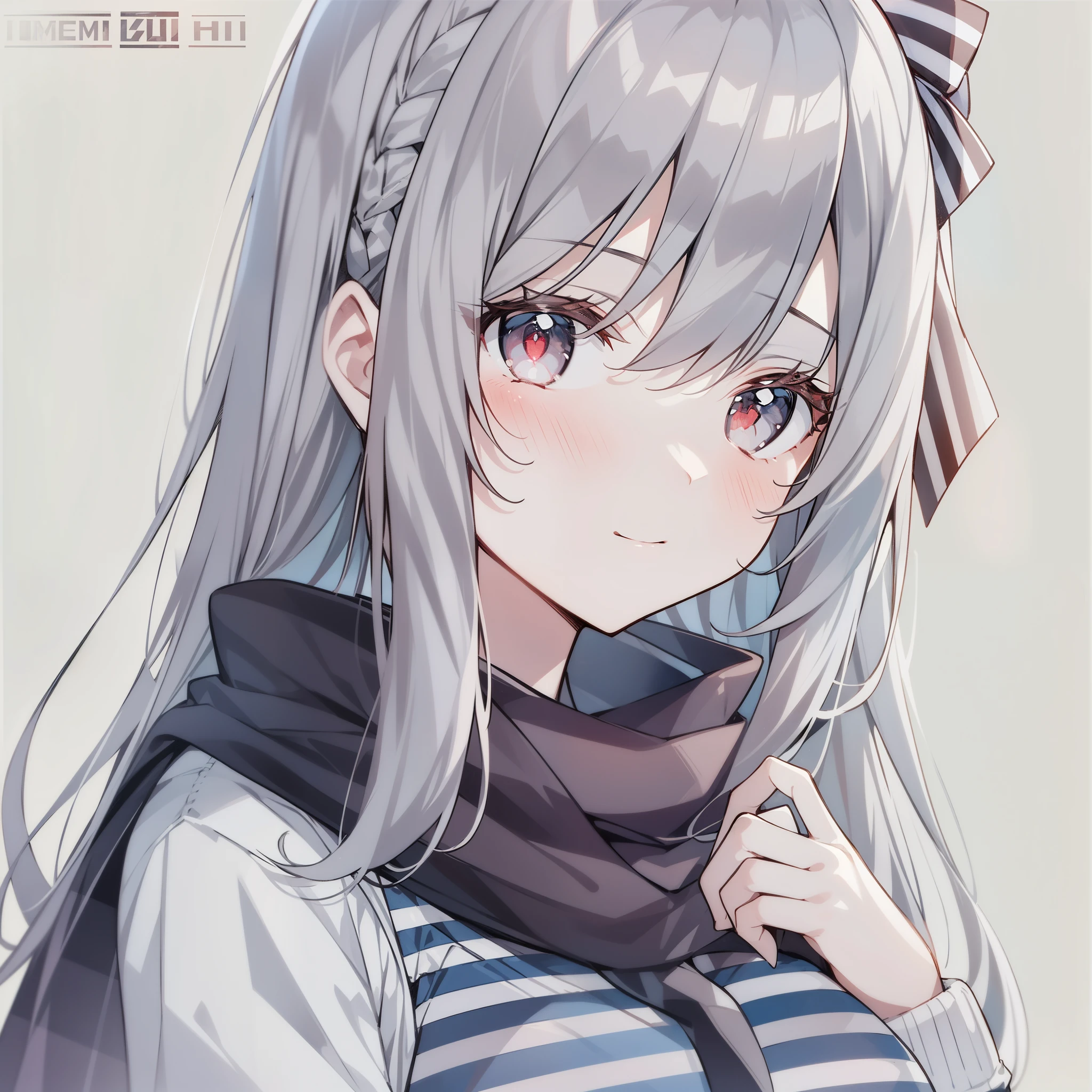 striped, rating:safe, vertical_stripes, 1girl, solo, striped_background, scarf, long_hair, looking_at_viewer, eyebrows_visible_through_hair, blush, striped_scarf, long_sleeves, red_eyes, hair_between_eyes, bangs, one_side_up, upper_body, diagonal_stripes, silver_hair, closed_mouth, hair_ornament, vertical-striped_shirt, vertical-striped_dress, striped_sweater, striped_shirt, bow, ribbon, gradient_background, striped_bow