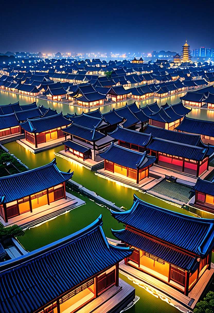 (Highest quality), masterpiece, Complex, High detail, Professional photos, 8K Ultra HD, Sharp focus, (Realistic photos:1.2), Night Village,Jiangnan,