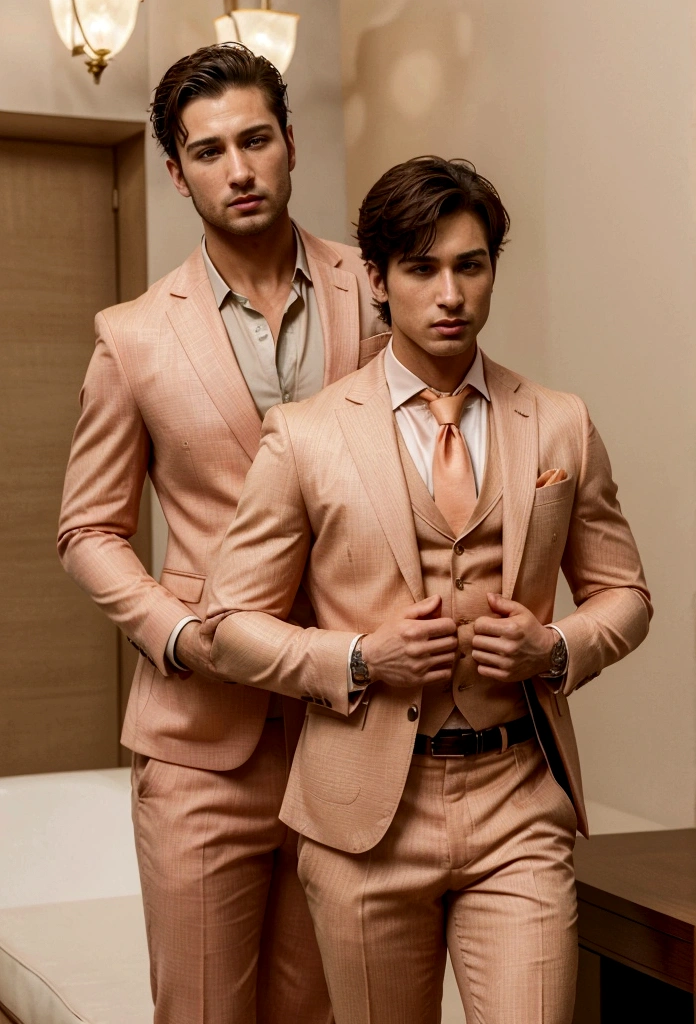 30-year-old boys, with a masculine appearance, wearing a peach Safari suit. The scene depicts a masterpiece of art, showcasing the boy's professional and wealthy lifestyle. The image is of the best quality, with ultra-detailed features. The color tone is rich and vibrant, masterpiece, ultra-realistic, detailed face,